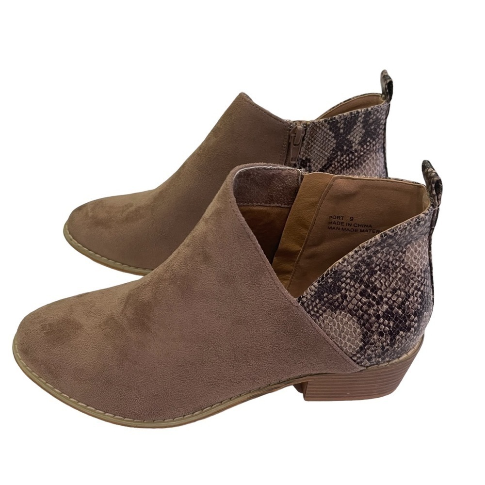 Booties size 9 beige with snakeskin detail on back.